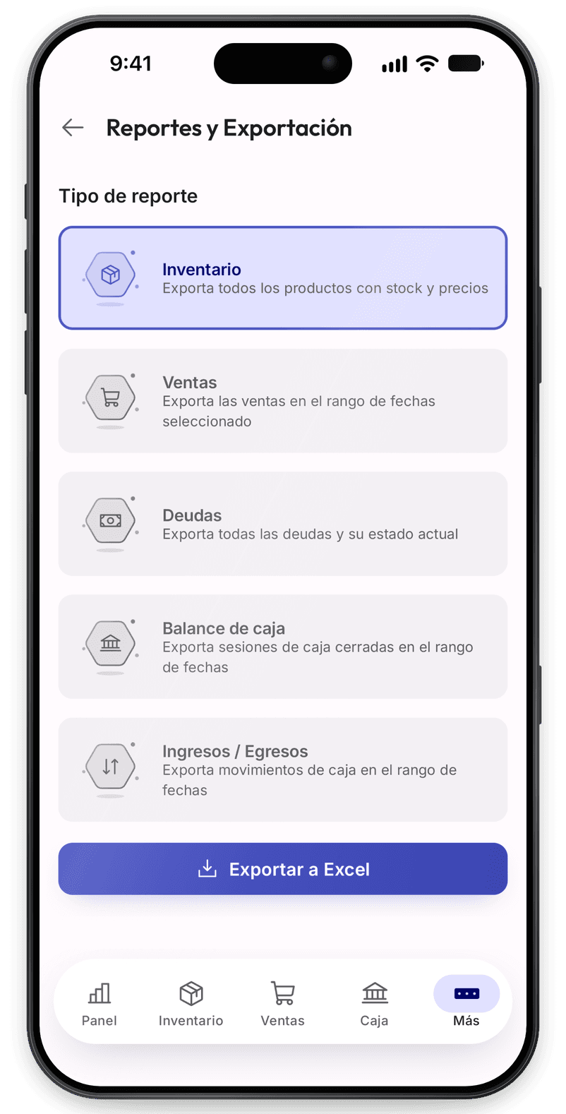 Reportes en Excel: Inventario, ventas, deudas y caja.